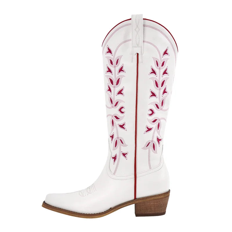Onlymaker Women Western Cowboy Boots Pointed Toe  Embroidered  Block Heel Fashion Side Zipper Cowgirl Boots