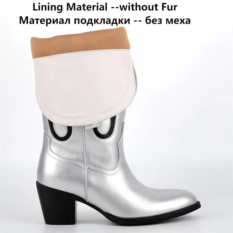 Onlymaker Women Pointed Toe Embroidered Eye Inlay Almond-Toe Wide Calf Knee High  Chunky Heel Western Cowgirl Boots