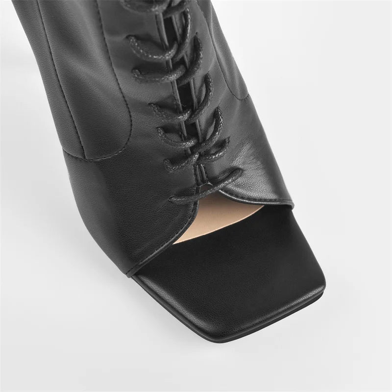 Onlymaker Women Open Square Toe  Lace Up Faux Leather Knee-high Boots Thin Heel Side Zipper Fashion Elegant Boots