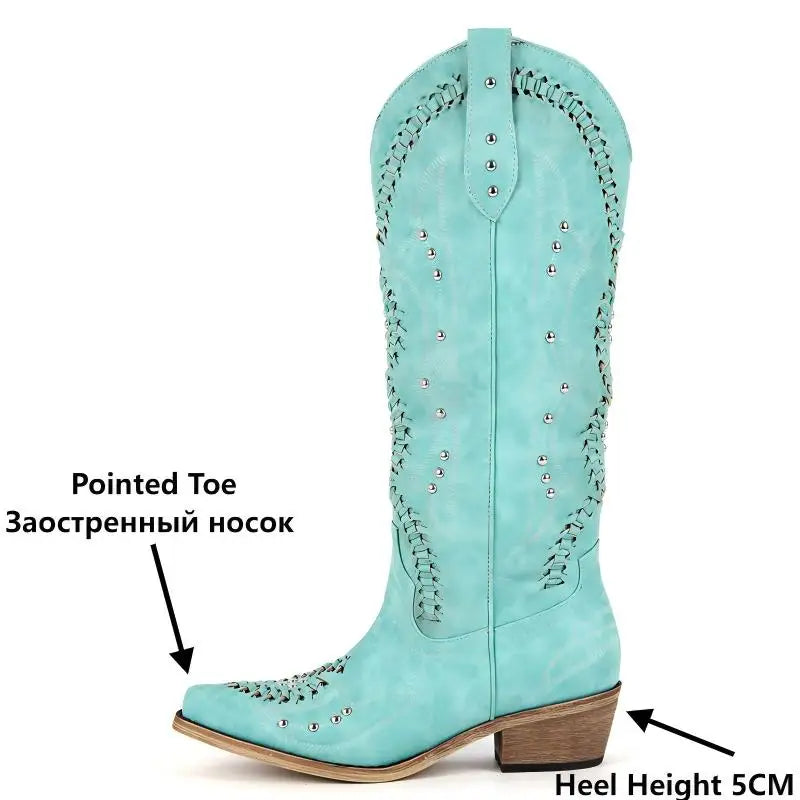 Onlymaker Women Blue Western Embroidery Cowgirl Boots Pointed Toe Side Zipper Knee High with Chunky Heel  Boots