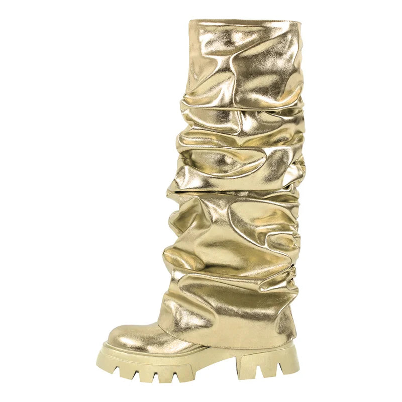 Onlymaker Women Green Round Toe Fold Over Boots Webs Fashion Handmade Female Mid-Calf Boots