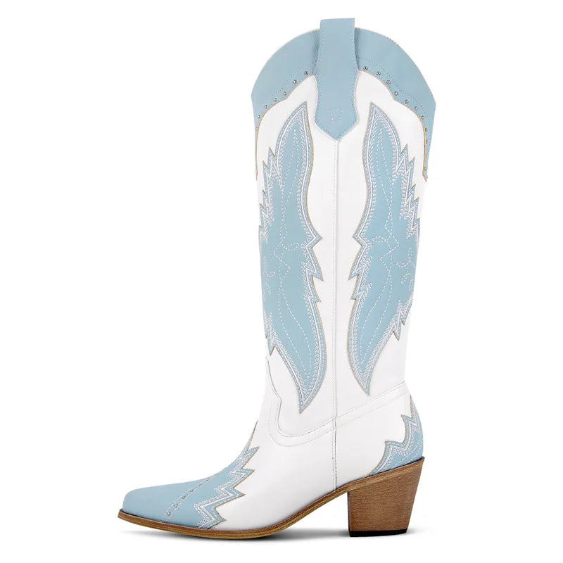 Onlymaker Women Pointed Toe Retro Pull On Western Cowgirl Boots Fringed Chunky Heel Embroidery Cowboy Boots