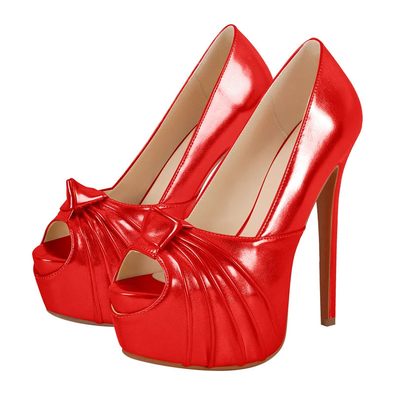 Women Peep Toe Platform Stiletto High Heeled Pumps Gold Knot Bow Style Sexy Shoes