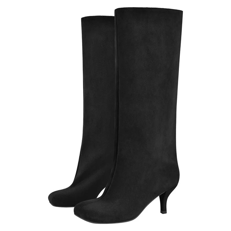 Onlymaker Women Black Matte Kitten Heel  Knee High Heel Boots  Female Boots