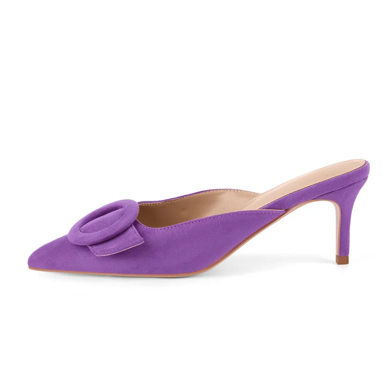 Women Pointed Toe Pink Faux Suede Kitten Heel Slip On Mules Shoes