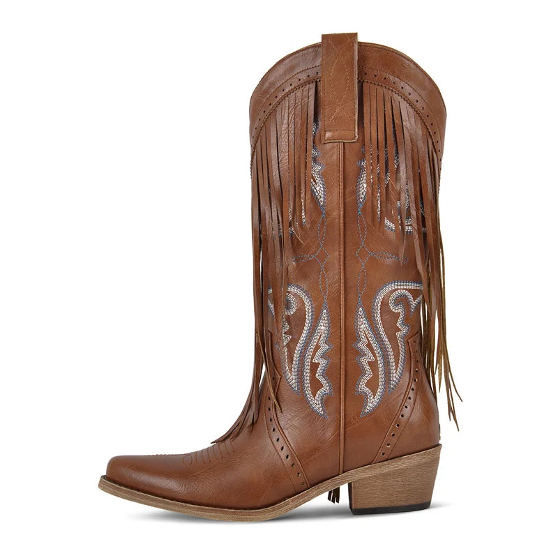 Onlymaker Women Pointed Toe Fringe Pull On Retro Western Cowgirl Boots Fringed Chunky Heel Embroidery Cowboy Boots