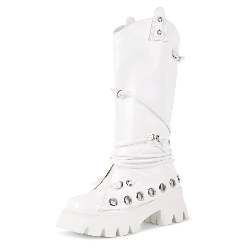 Women Platform Round Toe Studded Chunky Heel Knee High Boots Pull On Mid Calf Chunky Heel Punk Boots