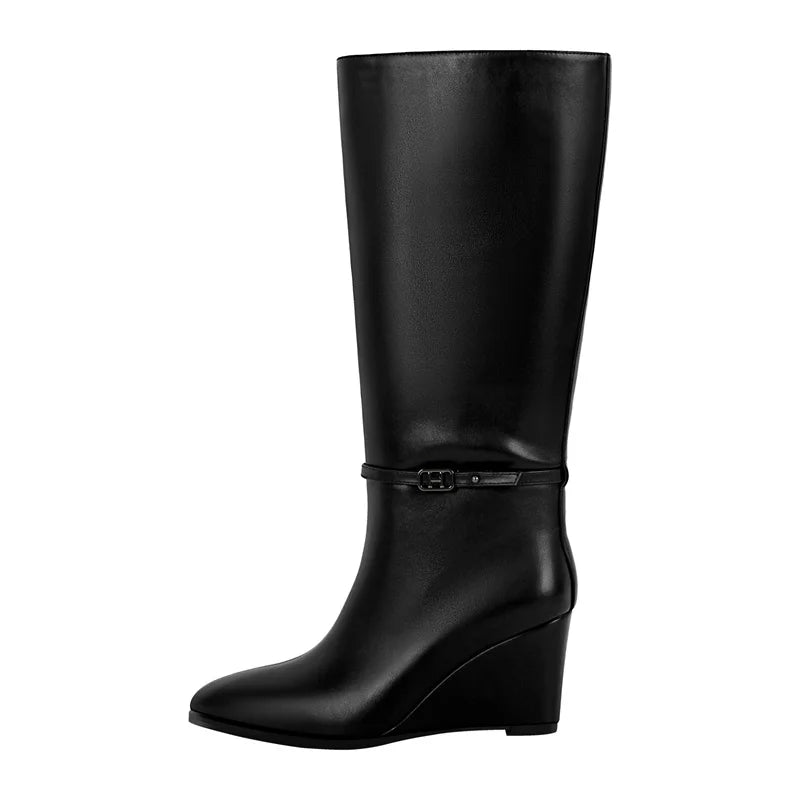 Onlymaker Women Pointed Toe Matte Wedge High Heel Knee High Boots Fall Winter Side Zipper Sexy Party Boots