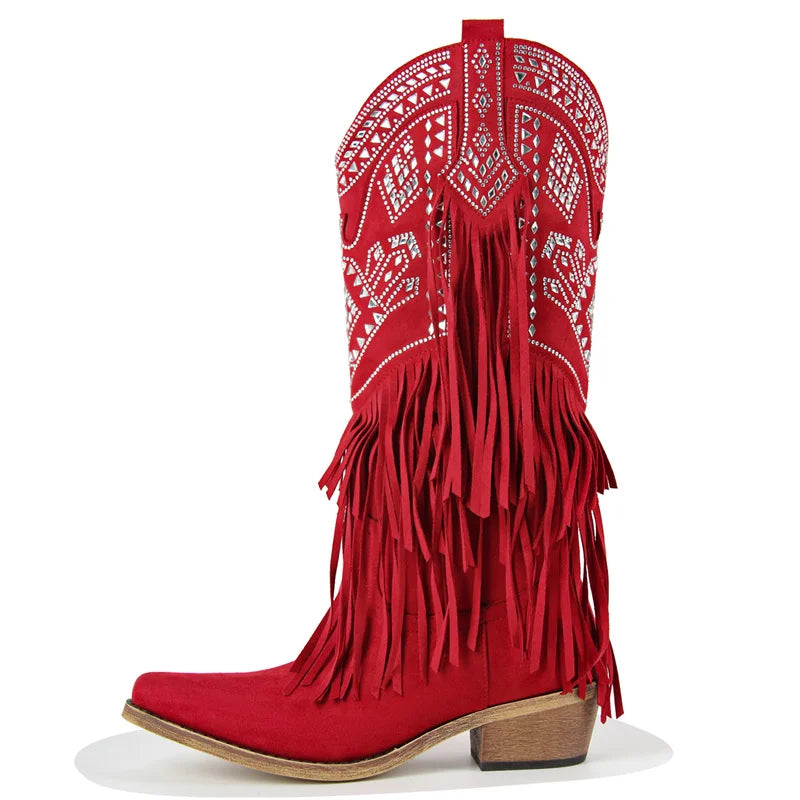 Onlymaker Women Pointed Toe Fringe Pull On Retro Western Cowgirl Boots Fringed Chunky Heel Embroidery Cowboy Boots