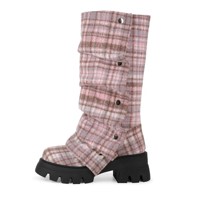 Onlymaker Women Platform Fold Over Boots Block Heel Round Toe Western Pull on Fashion Mid-Calf Female Boots