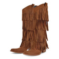 Onlymaker Women Pointed Toe Fringe Western Boots Comfy Pull On Mid Calf Chunky Heel Pull-on Knee High Boots
