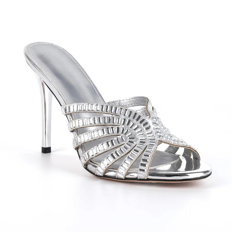 Women Peep Toe Rhinestone Stiletto Mules 10CM Thin Heel Slip On Mules Sandals