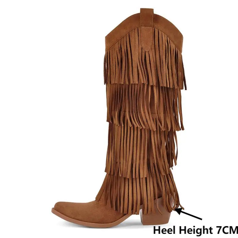 Onlymaker Women Pointed Toe Fringe Western Boots Comfy Pull On Mid Calf Chunky Heel Pull-on Knee High Boots