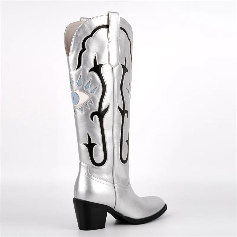 Onlymaker Women Pointed Toe Embroidered Eye Inlay Almond-Toe Wide Calf Knee High  Chunky Heel Western Cowgirl Boots