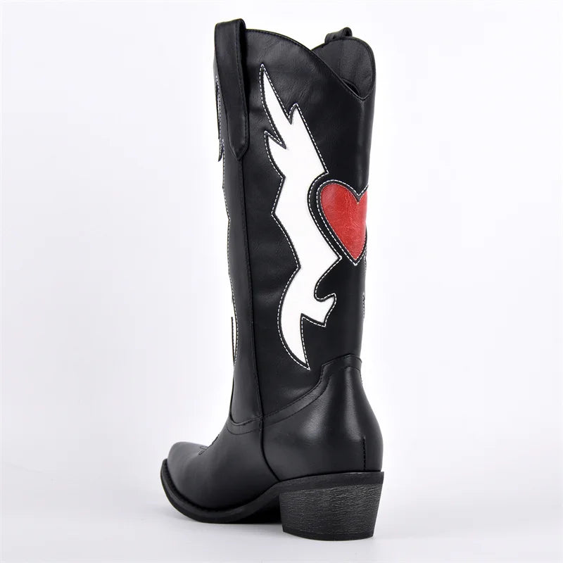 Onlymaker Pointed Toe Cowboy Boots for Women Western Cowgirl  Chunky Heel Embroidered Mid Calf  Pull On Slip on Boots