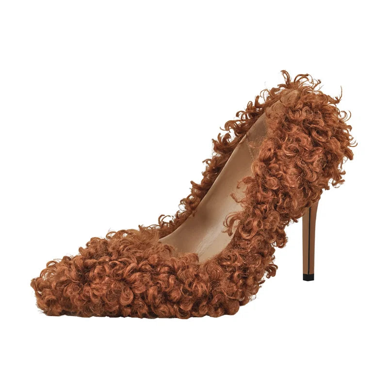 Women Pumps Brown Faux Fur  Pointed Toe 10CM Slip-On Thin Heels Party Wedding Office Lady Big Size Shoes