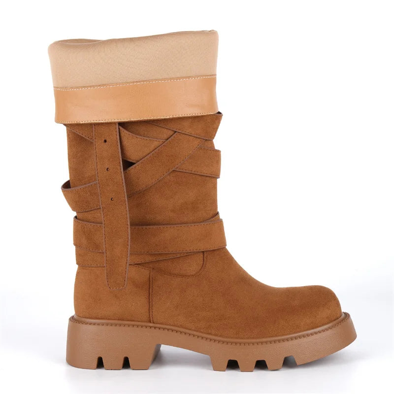 Onlymaker Round Toe Brown Faux Suede Leather  Buckle Strap Mid-Calf Boots  Autumn Solid Side Zipper Fashion Elegant Boots