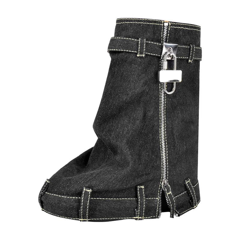 Women Denim Ankle Boots Lock Shark Boots Zipper Washed Cloth Create Old Design Wedge Heel Thick Fashion  Booties