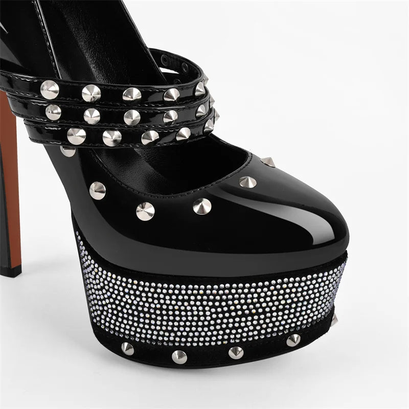 Women Rivet Platform Patent Leather Rhinestone Pumps High Heeled Big Size Ankle Straps Women Stiletto Pumps