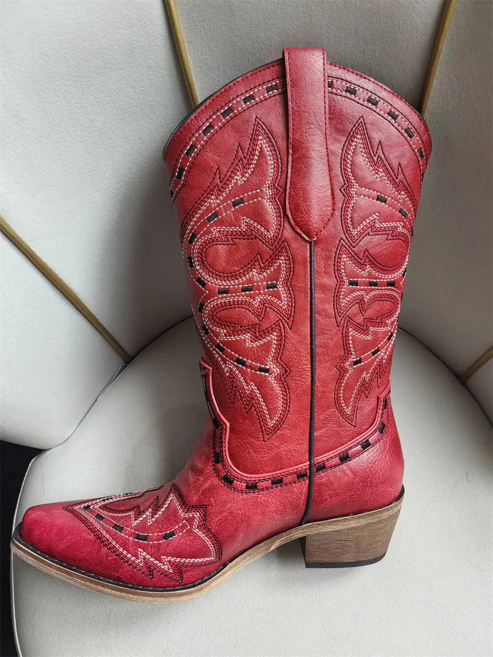 Womens Pointed Toe Embroidered Pull On Casual Boots Mid Calf Low Heel Cute Western boots