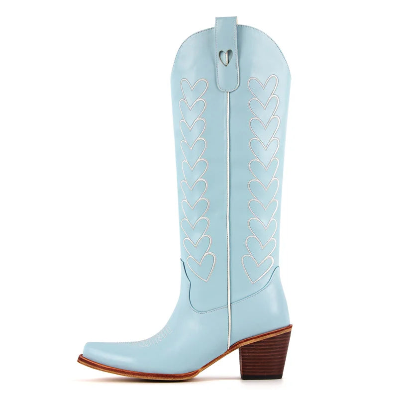 Onlymaker Women Pointed Toe Pull-on Knee High Cowgirl Boots with Big Size Comfy Female Cowboy Boots
