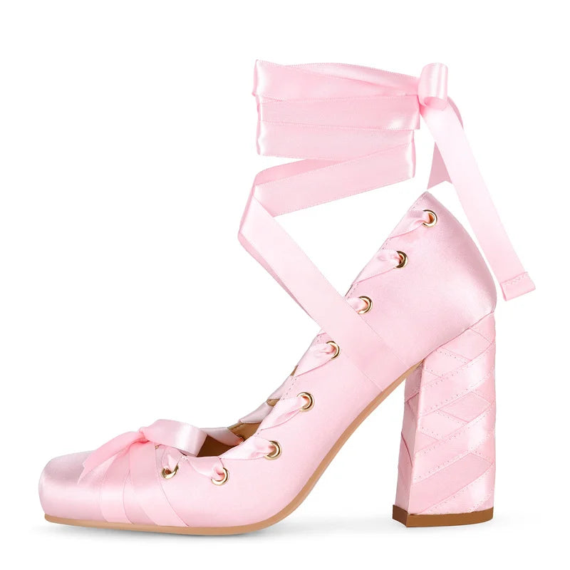 Women Square Toe Satin Pumps High Heeled Big Size  Ankle Strap Lace up Stiletto Classic Pumps Heels