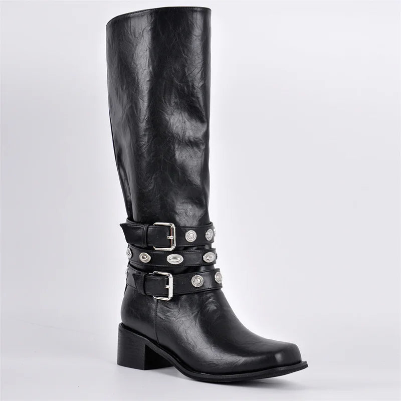 Onlymaker Women Square Toe Mid Calf Knee High Boots Buckled Strap Winter Matte Gothic Motorcycle Boots