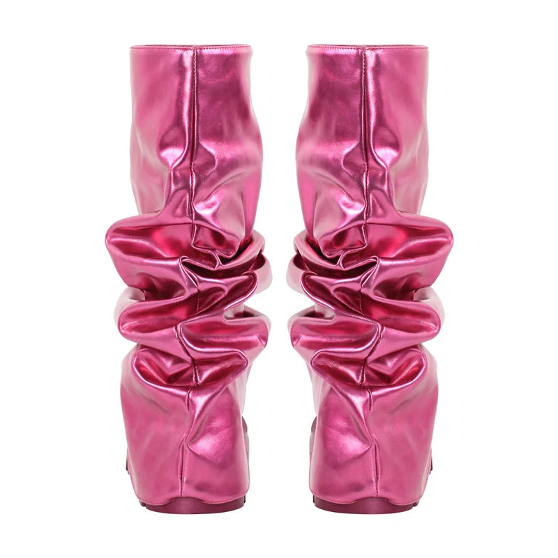 Onlymaker Women Platform  Pleated Fold Over Boots Round Toe Handmade Female Fashion Mid-Calf Boots