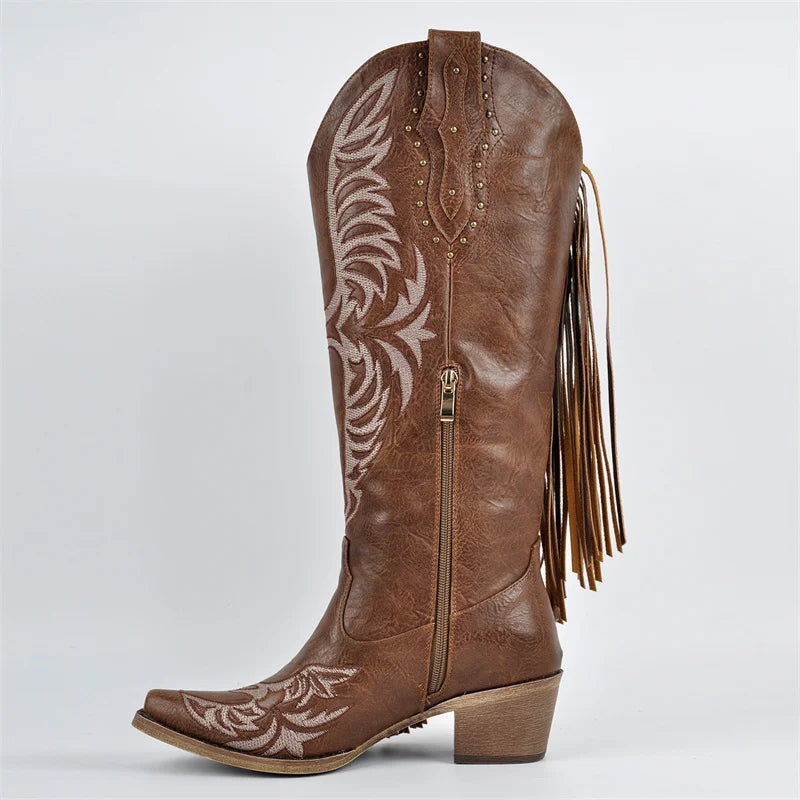 Onlymaker Women Pointed Toe Fringe Side Zipper Western Cowgirl Boots Chunky Heel Cowboy Boots