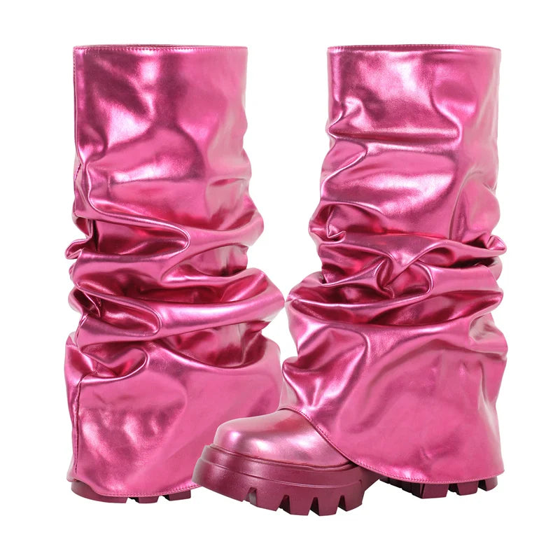 Onlymaker Women Platform  Pleated Fold Over Boots Round Toe Handmade Female Fashion Mid-Calf Boots