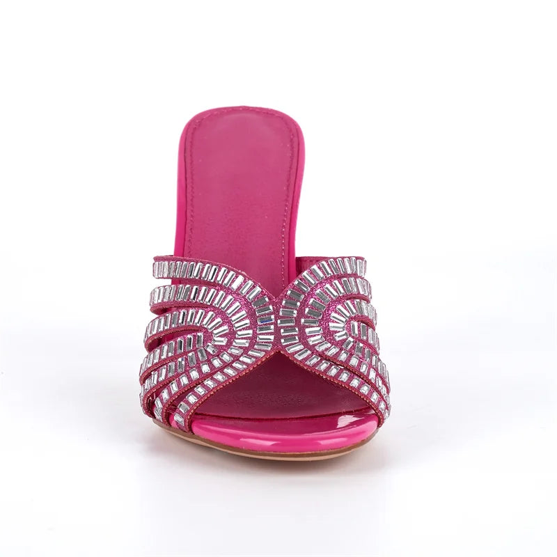 Women Peep Toe Rhinestone Stiletto Mules 10CM Thin Heel Slip On Mules Sandals