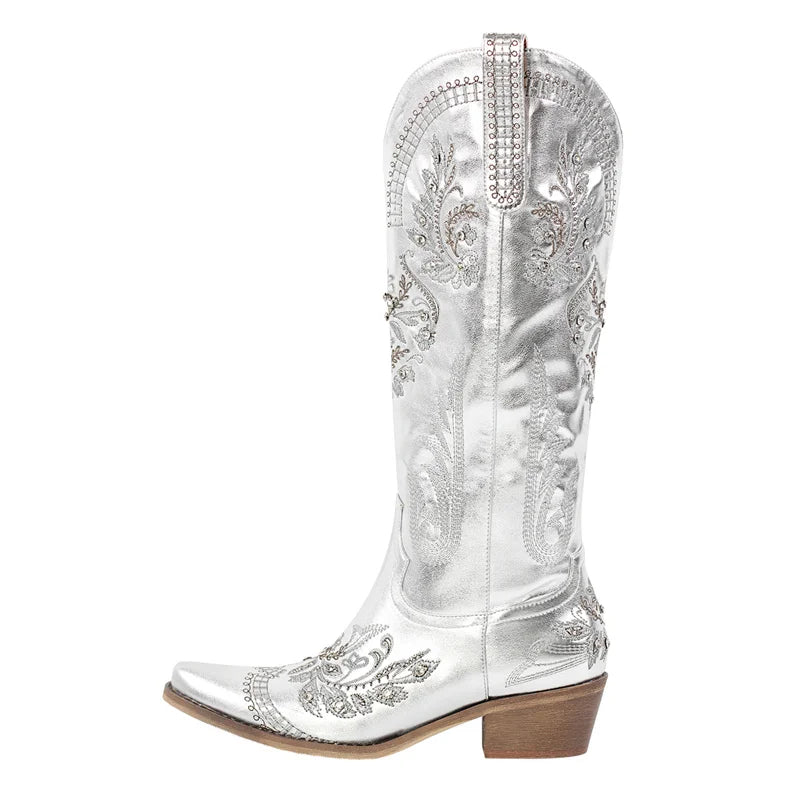 Onlymaker Women Pointed Toe Embroidered White Western Cowboy Boots Block Heel Pull-On Cowgirl Booties