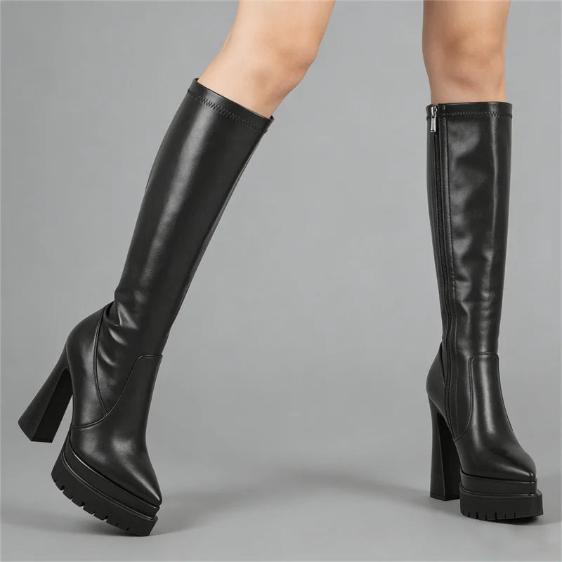 Onlymaker Women Pointed Toe Platform Knee High Zipper Boots Black Zip Anti Slip Thick Block Heel Wide Calf Party Boots