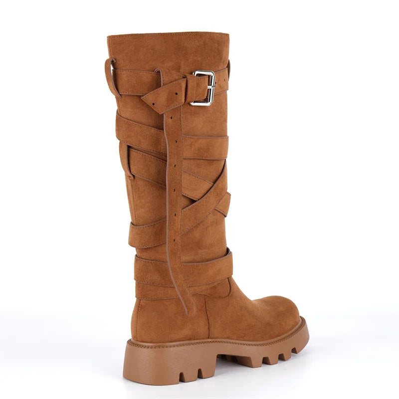 Onlymaker Round Toe Brown Faux Suede Leather  Buckle Strap Mid-Calf Boots  Autumn Solid Side Zipper Fashion Elegant Boots