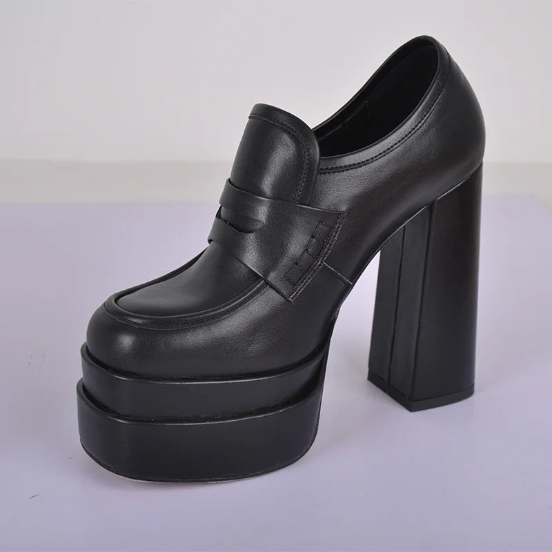 Women Double Platforms Chunky High Heel Loafers Pumps Slip On Comfortable Punk Heels