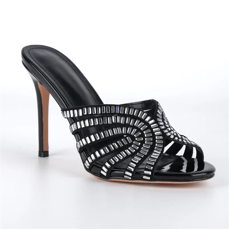 Women Peep Toe Rhinestone Stiletto Mules 10CM Thin Heel Slip On Mules Sandals
