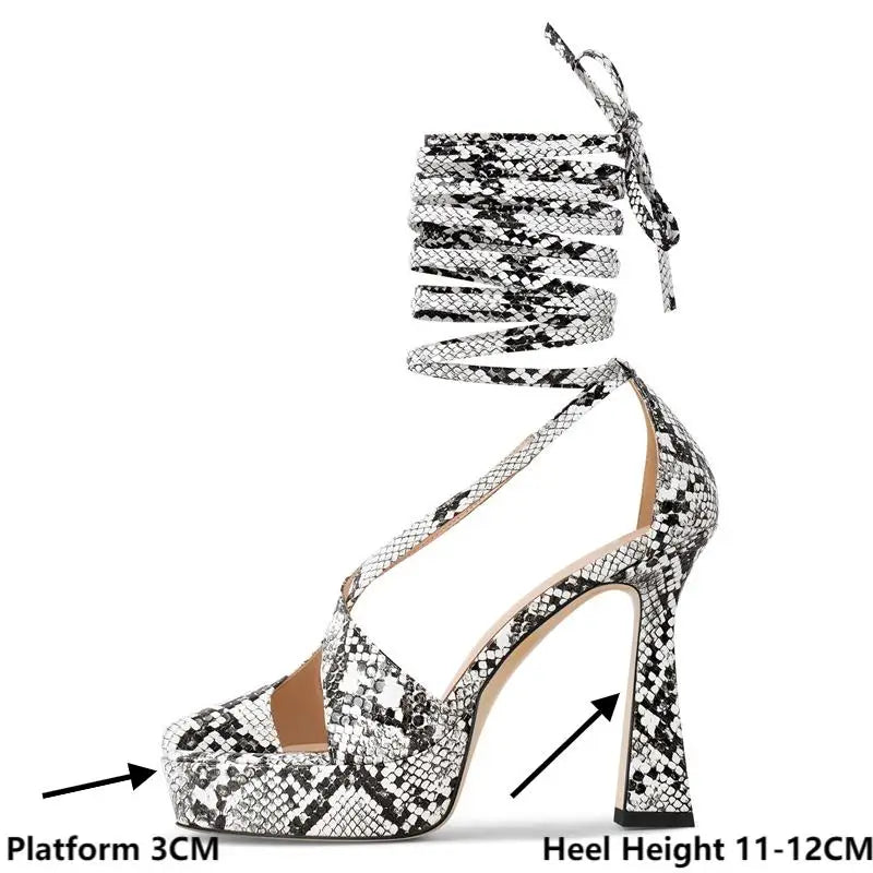 Women Open Toe Snakeskin Platform Sandals Thin High Heel  Party Evening Dress Stiletto Heels Cover Heel Sandals
