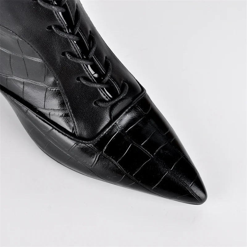 Onlymaker Women Pointed Toe Lace Up  Knee-high Boots Thin Heel Side Zipper Fashion Elegant Faux Leather Boots