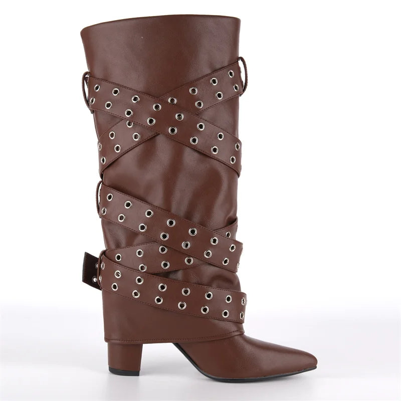 Pointed Toe Fold Over Buckle Strap Mid-Calf Boots Chunky Heel Shoes Autumn Solid Pull On Fashion Elegant Boots