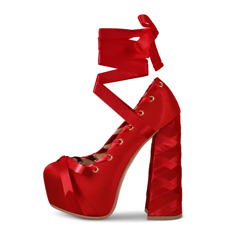 Womens Round Toe  Platform Pumps Bow Cute Lolita Two-Toned Ballet Lace-up Hoof Chunky Heel Shoes