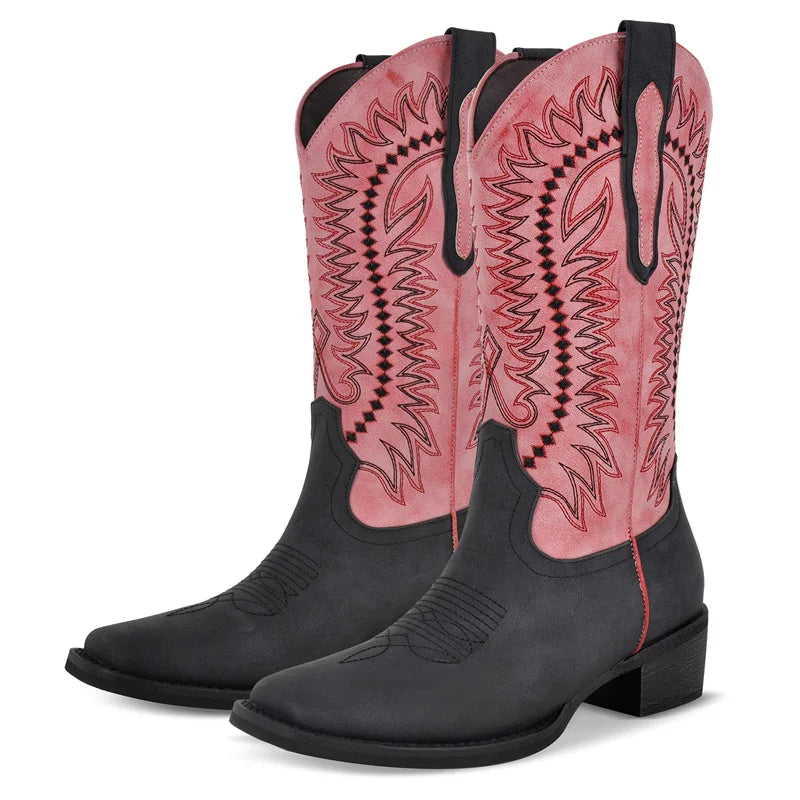 Women Square Toe Western Cowboy Boots  Embroidered Mid--Calf  Block Heel Fashionr Cowgirl Boots