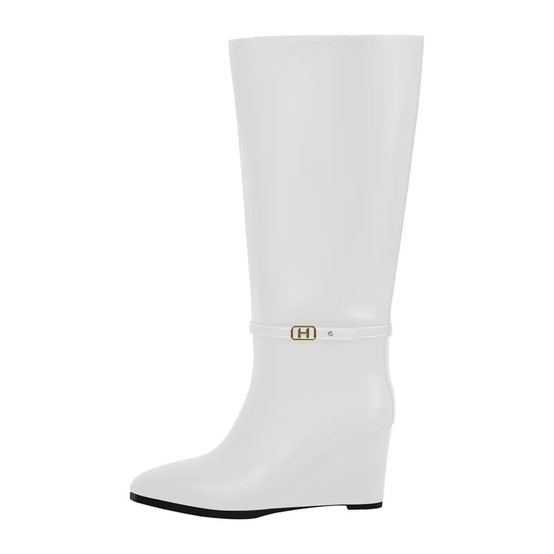 Onlymaker Women Pointed Toe Matte Wedge High Heel Knee High Boots Fall Winter Side Zipper Sexy Party Boots