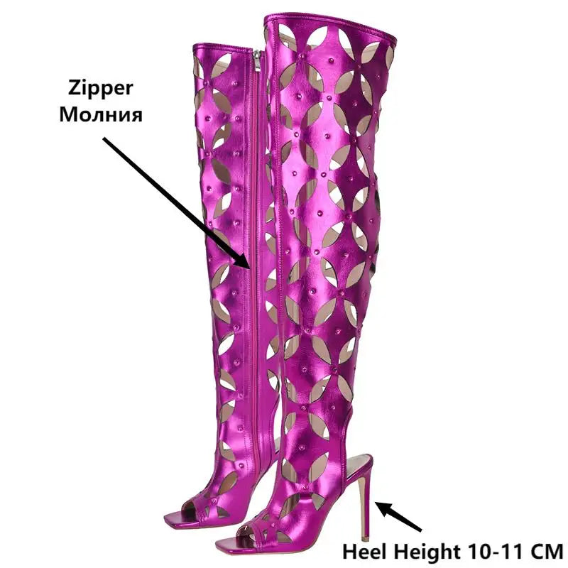 Onlymaker Women Fuchsia Long Boots Concise Peep Toe Stiletto High Heel Shoes Side Zipper Hollow Over The Knee Boots