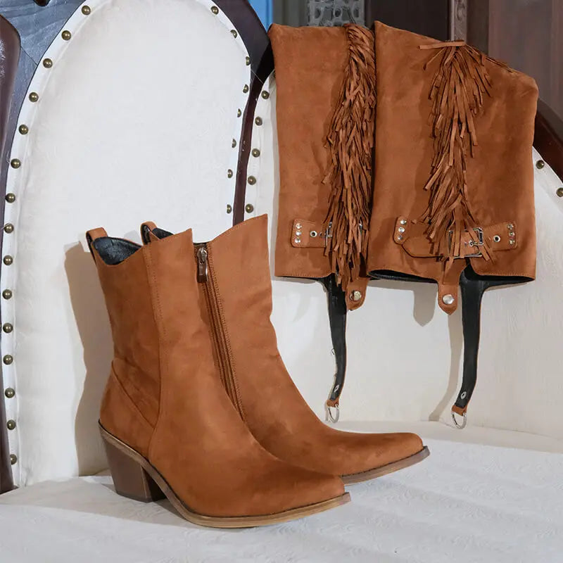 Onlymaker Women Pointed Toe Removable Fringe Brown Faux Suede leather Knee High Boots Big Size Chunky Heel Winter boots