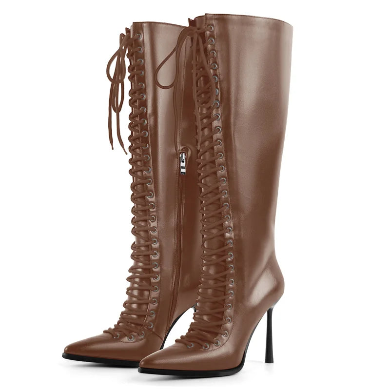 Onlymaker Pointed Toe Lace Up Faux Leather Knee-high Boots Thin Heel Side Zipper Fashion Elegant Boots