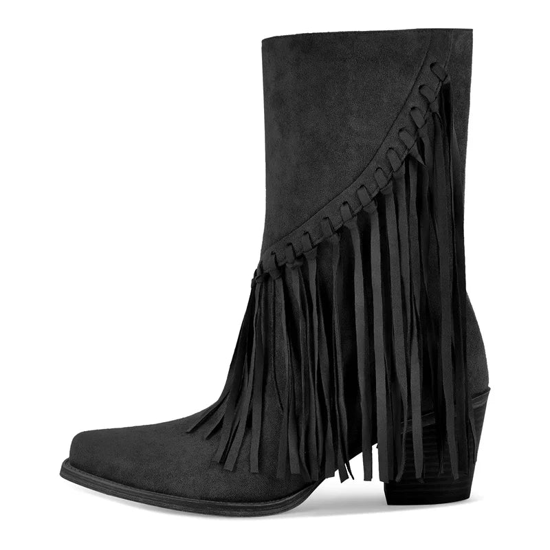 Onlymaker Women Pointed Toe Pull-on Knee High Fringe Cowgirl Boots Comfy Pull On Mid Calf Western Boots
