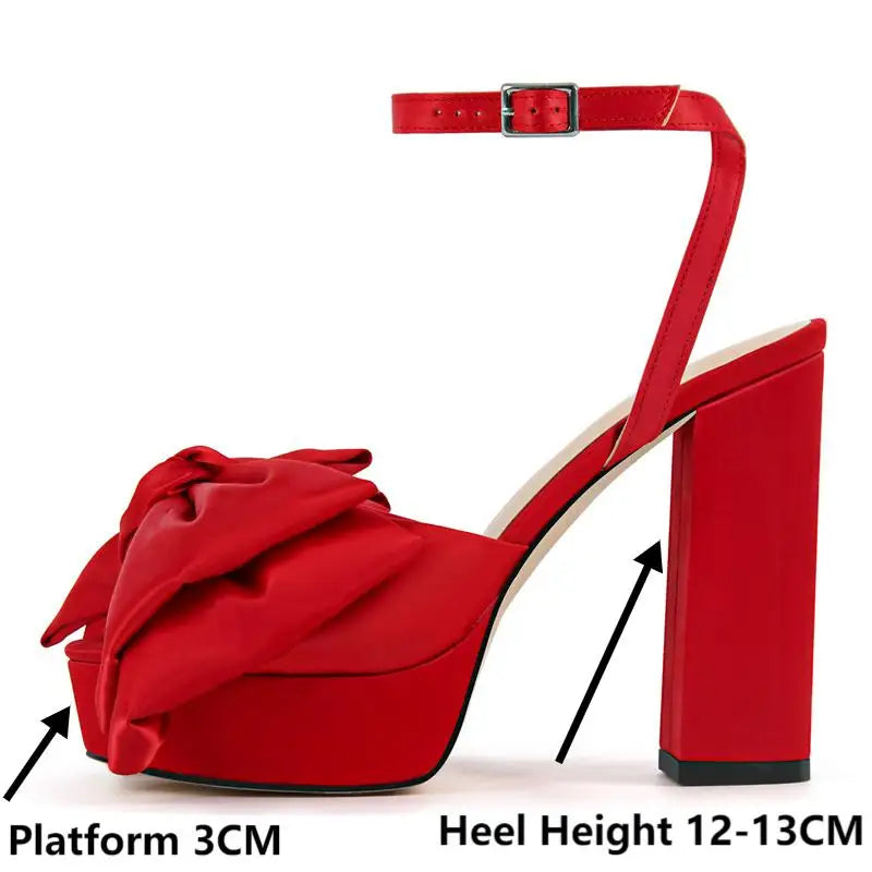 Women Red Open Toe Butterfly-knot Platform High Heeled Big Size Sandals