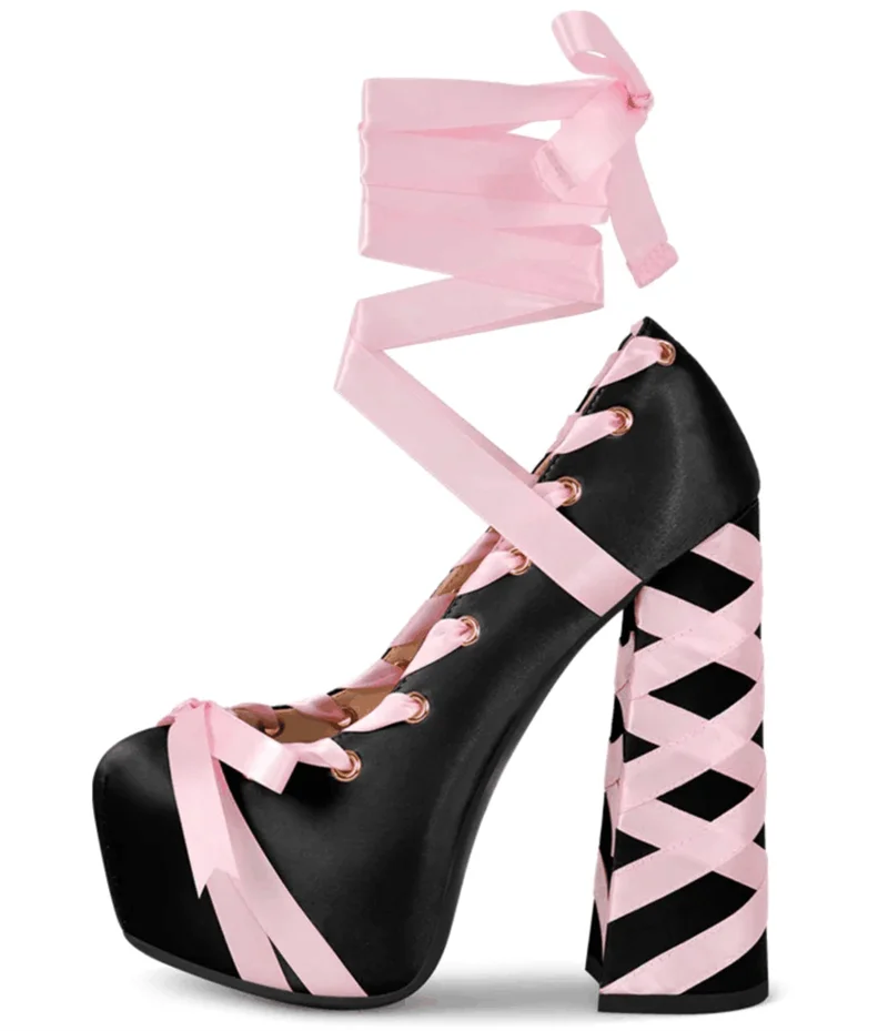 Womens Round Toe  Platform Pumps Bow Cute Lolita Two-Toned Ballet Lace-up Hoof Chunky Heel Shoes
