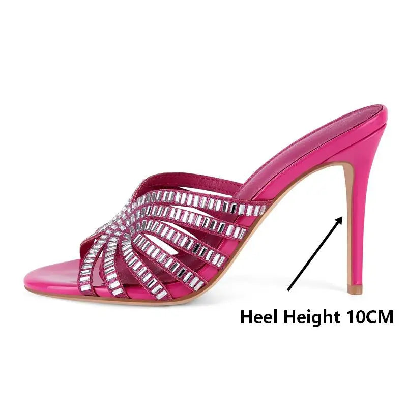 Women Peep Toe Rhinestone Stiletto Mules 10CM Thin Heel Slip On Mules Sandals