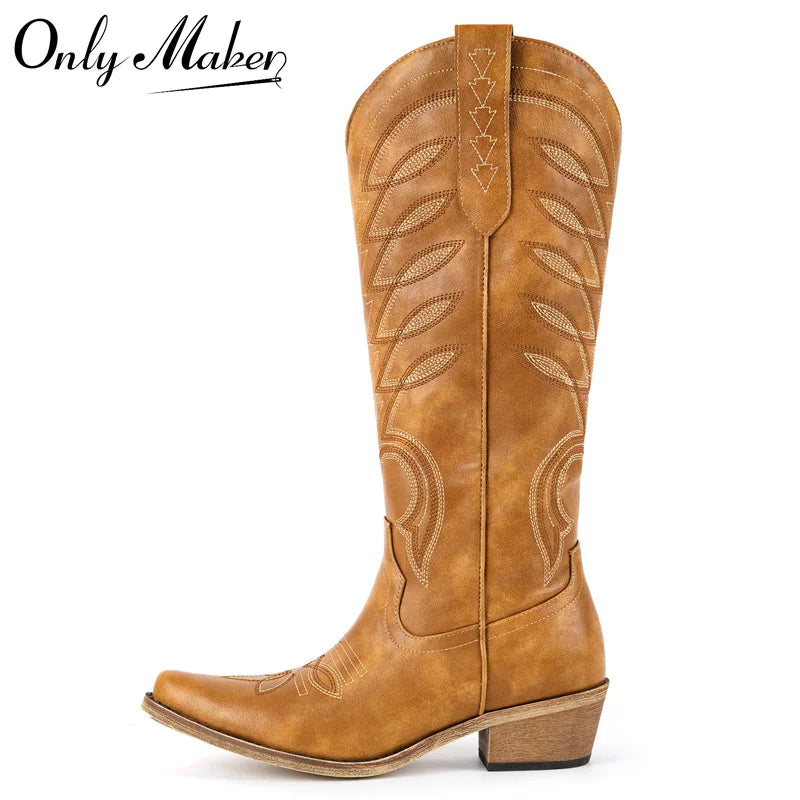 Onlymaker Women Pointed Toe Side Zipper Knee High Embroidery Western Cowgirl Boots Chunky Heel Embroidery Cowboy Boots
